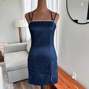 90s Vintage City Triangles Shimmer Satin Blue Dress Rhinestone Neckline Size 5